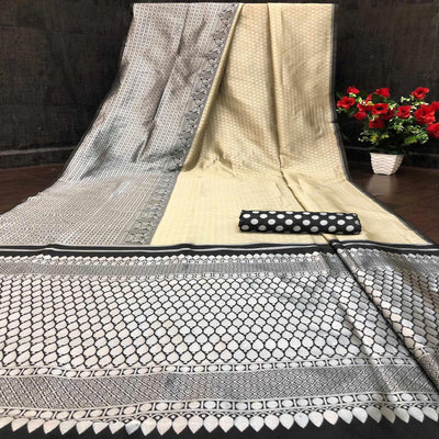 Cream-White Festive Wear Woven Butti Designer Border Soft Lichi Silk Saree