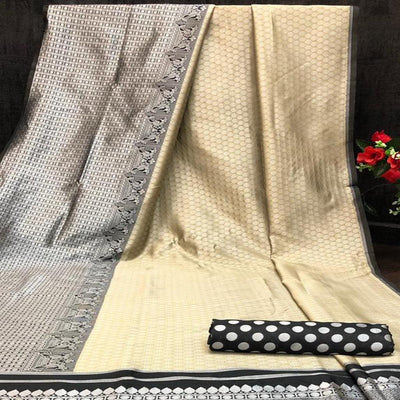 Cream-White Festive Wear Woven Butti Designer Border Soft Lichi Silk Saree