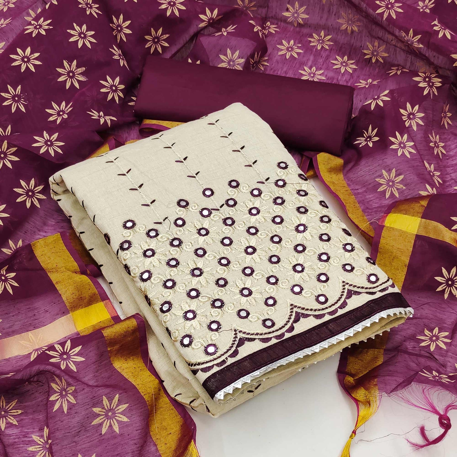 Cream - Wine Festive Wear Embroidery With Mirror Work Cotton Dress Material