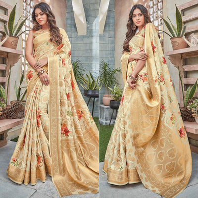 Cream Woven Art Silk Saree