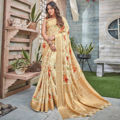 Cream Woven Art Silk Saree