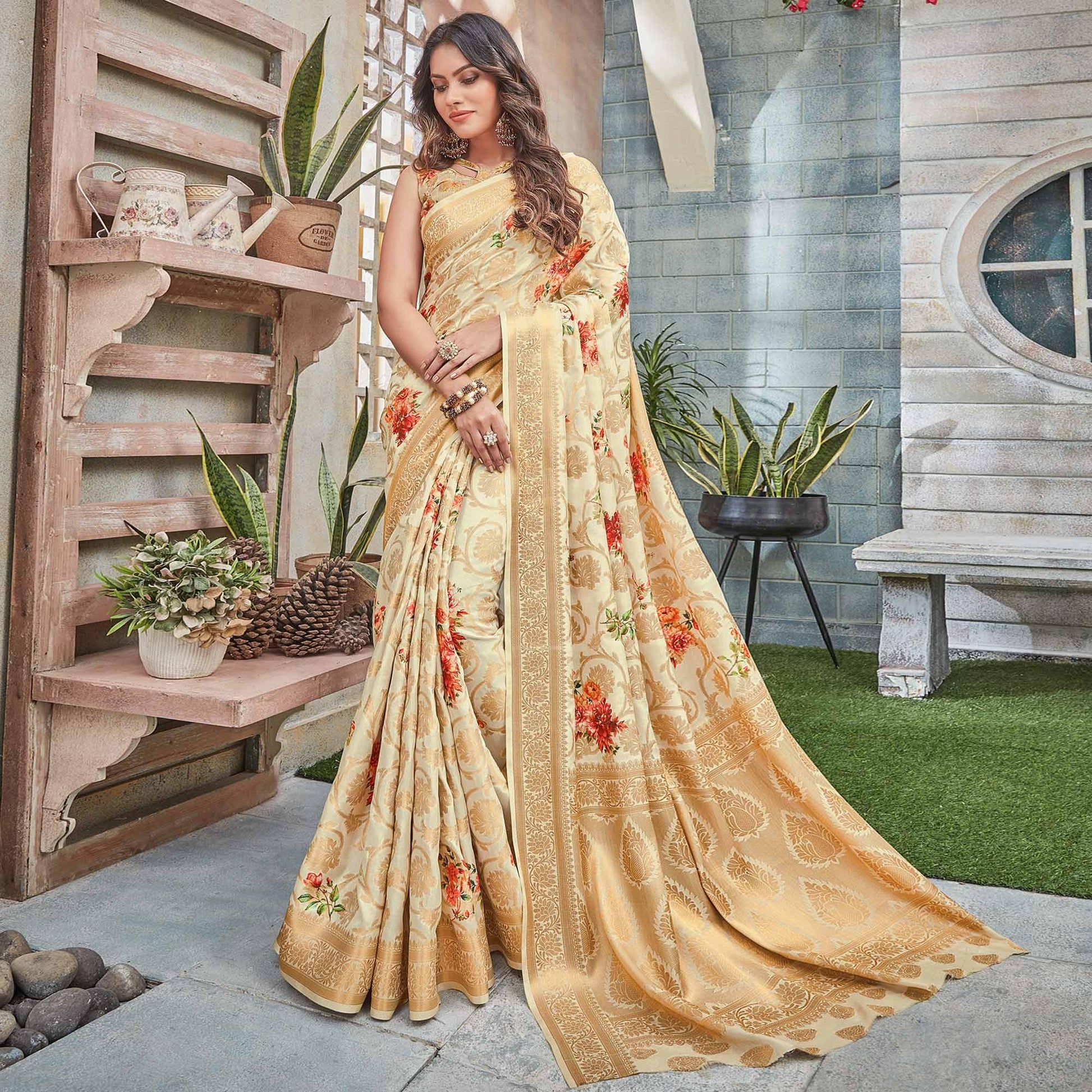 Cream Woven Art Silk Saree