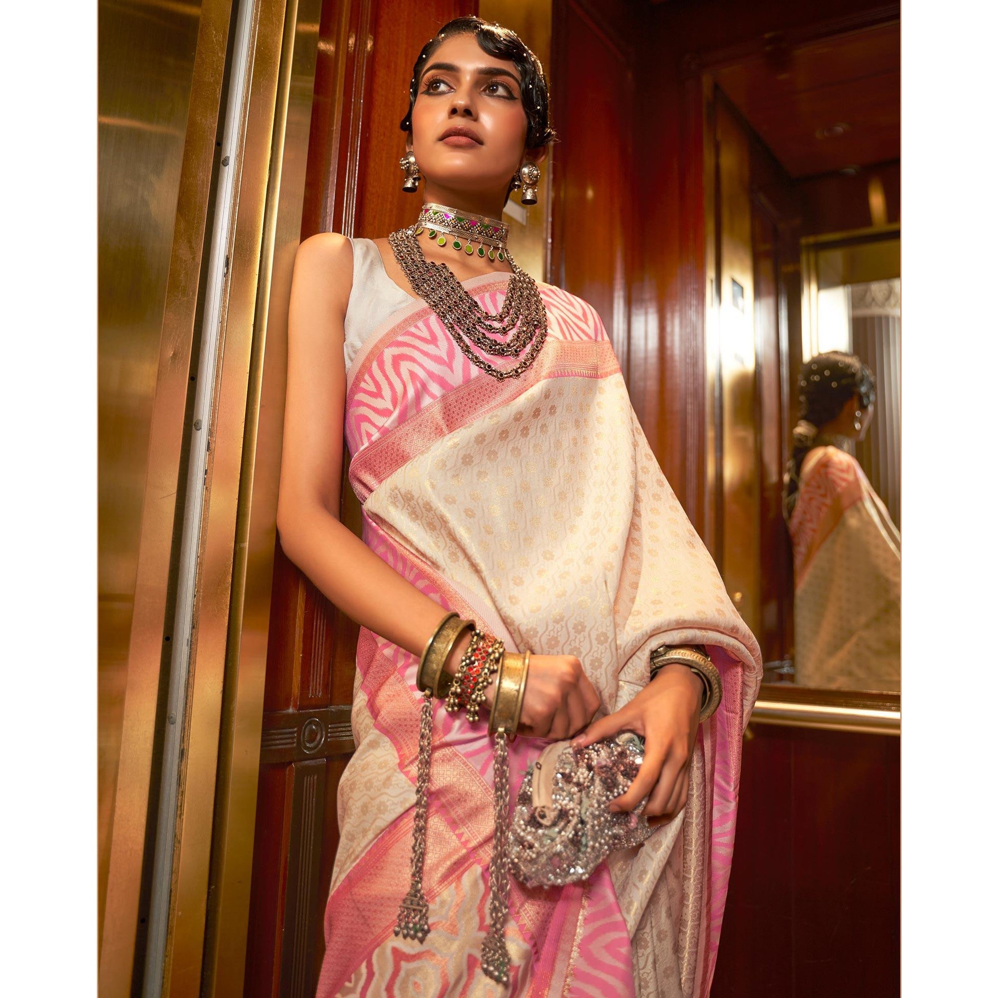 Cream Woven Art Silk Saree