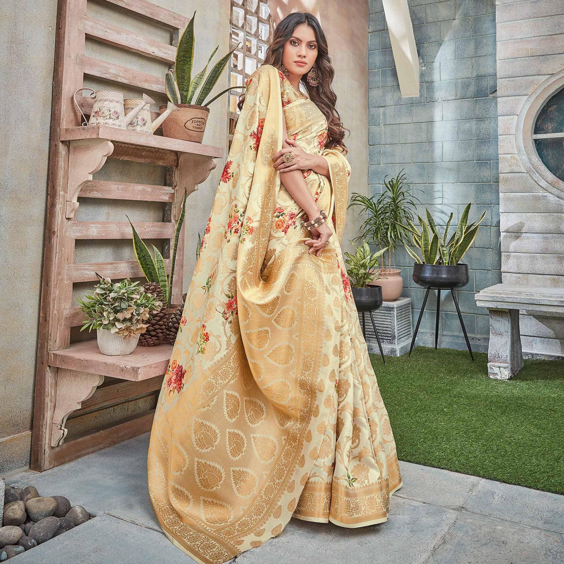 Cream Woven Art Silk Saree