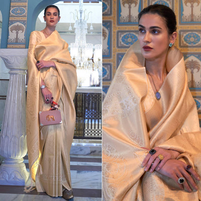 Cream Woven Art Silk Saree With Tassels