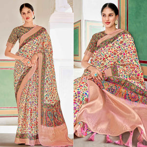 Cream Woven Art Silk Saree With Tassels