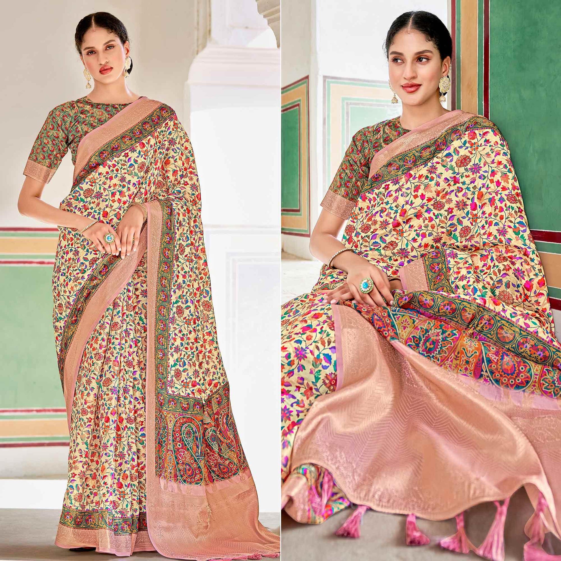 Cream Woven Art Silk Saree With Tassels