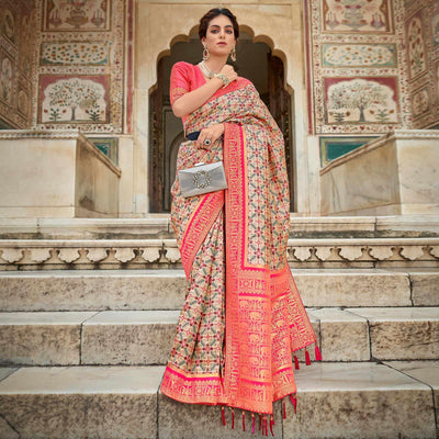 Cream Woven Art Silk Saree With Tassels