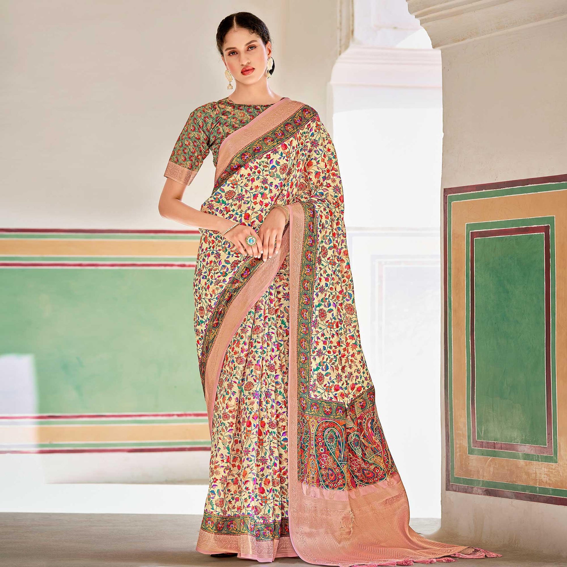 Cream Woven Art Silk Saree With Tassels