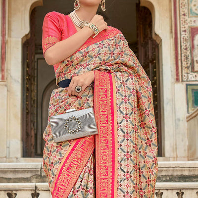 Cream Woven Art Silk Saree With Tassels