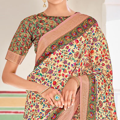 Cream Woven Art Silk Saree With Tassels