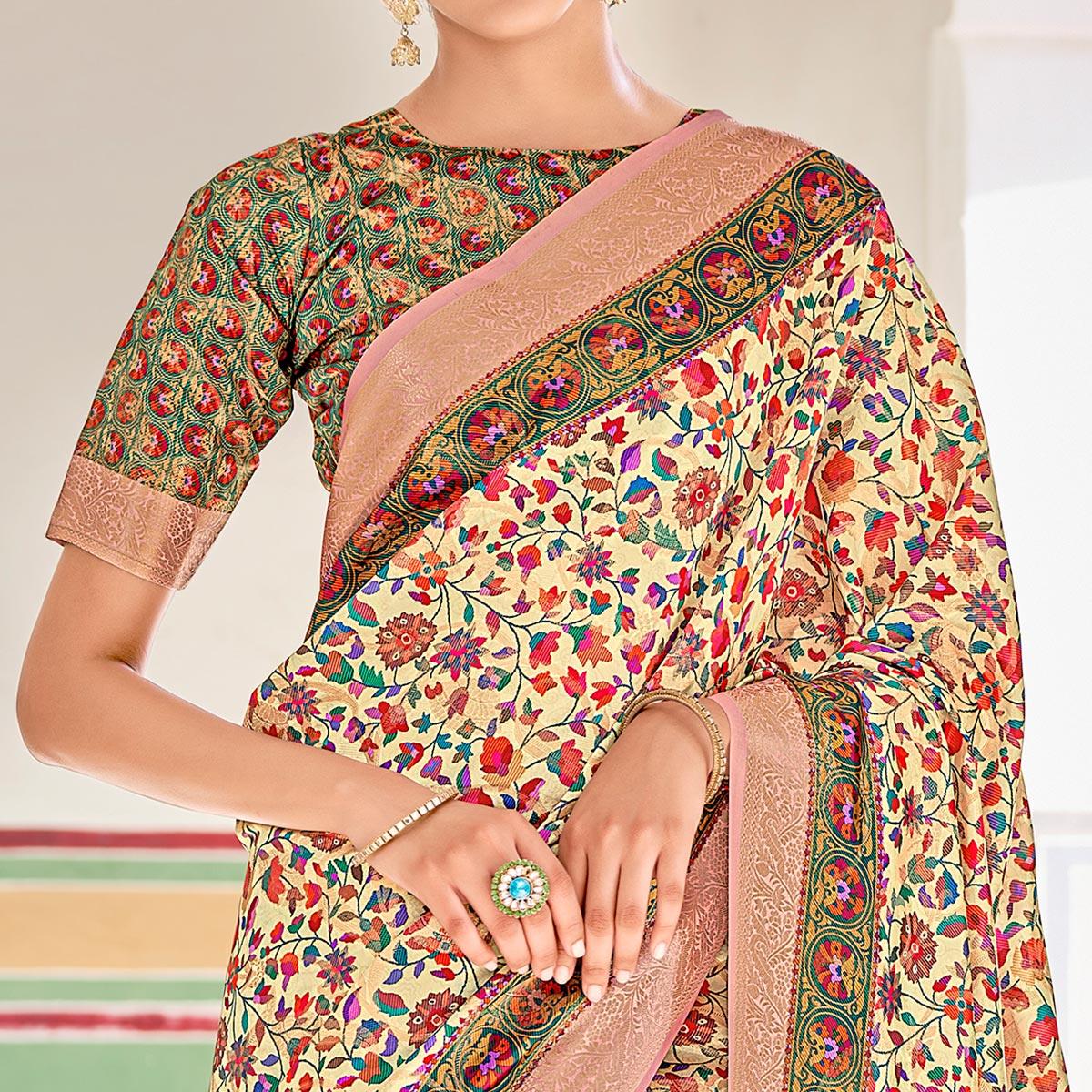 Cream Woven Art Silk Saree With Tassels