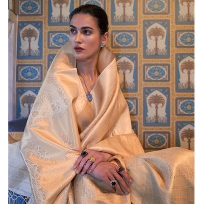 Cream Woven Art Silk Saree With Tassels