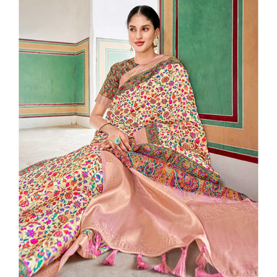 Cream Woven Art Silk Saree With Tassels