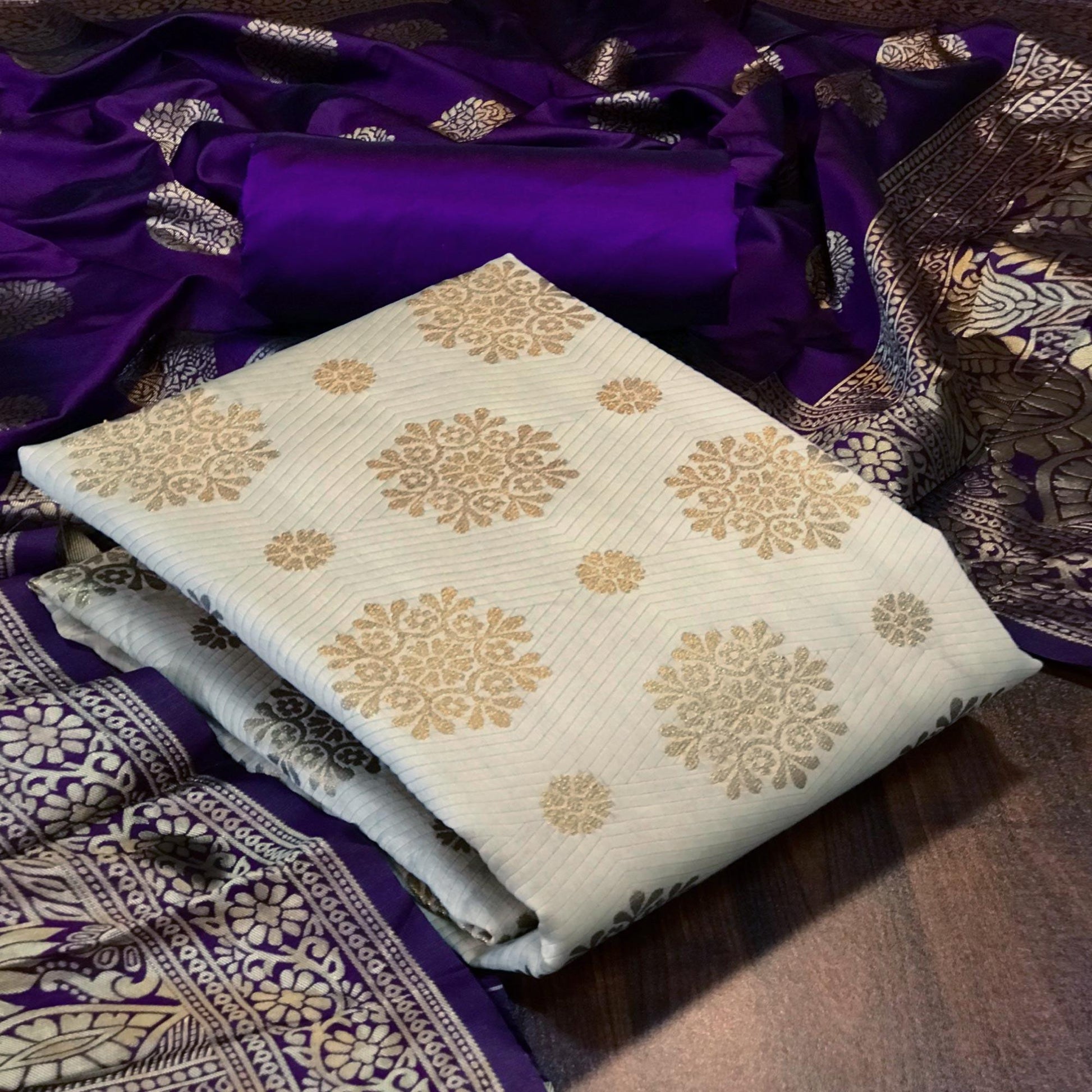 Cream Woven Banarasi Silk Dress Material