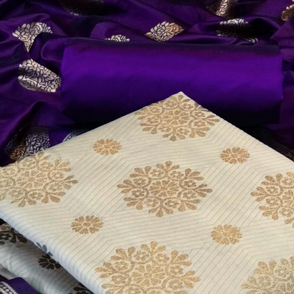 Cream Woven Banarasi Silk Dress Material