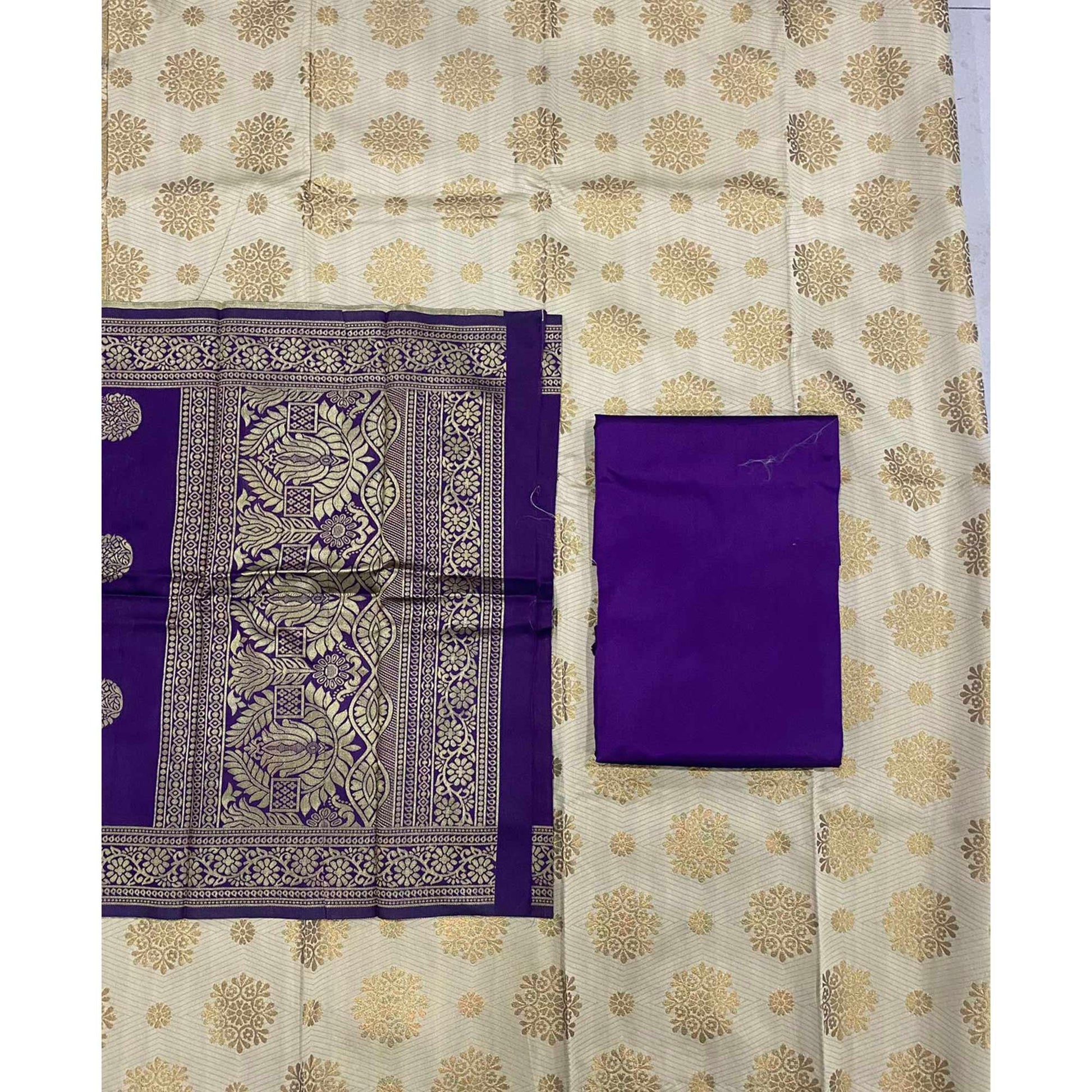Cream Woven Banarasi Silk Dress Material