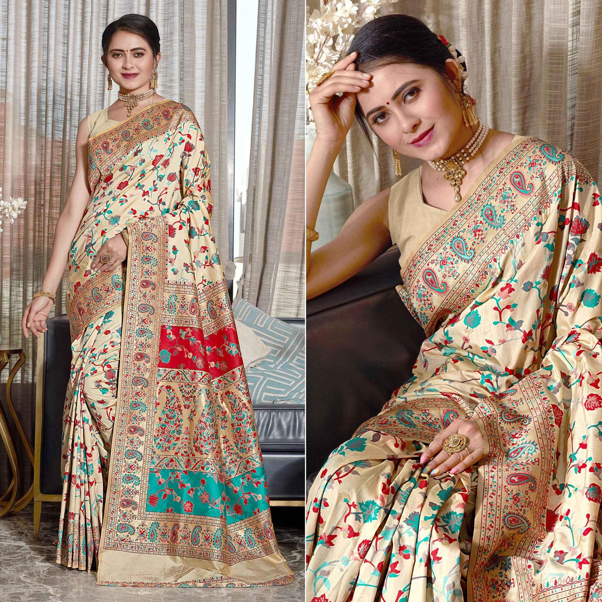 Cream Woven Banarasi Silk Saree