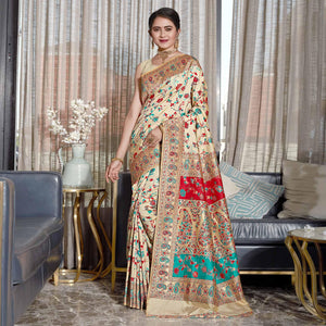 Cream Woven Banarasi Silk Saree