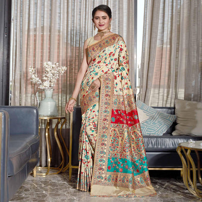 Cream Woven Banarasi Silk Saree