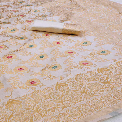Cream Woven Banarasi Silk Saree