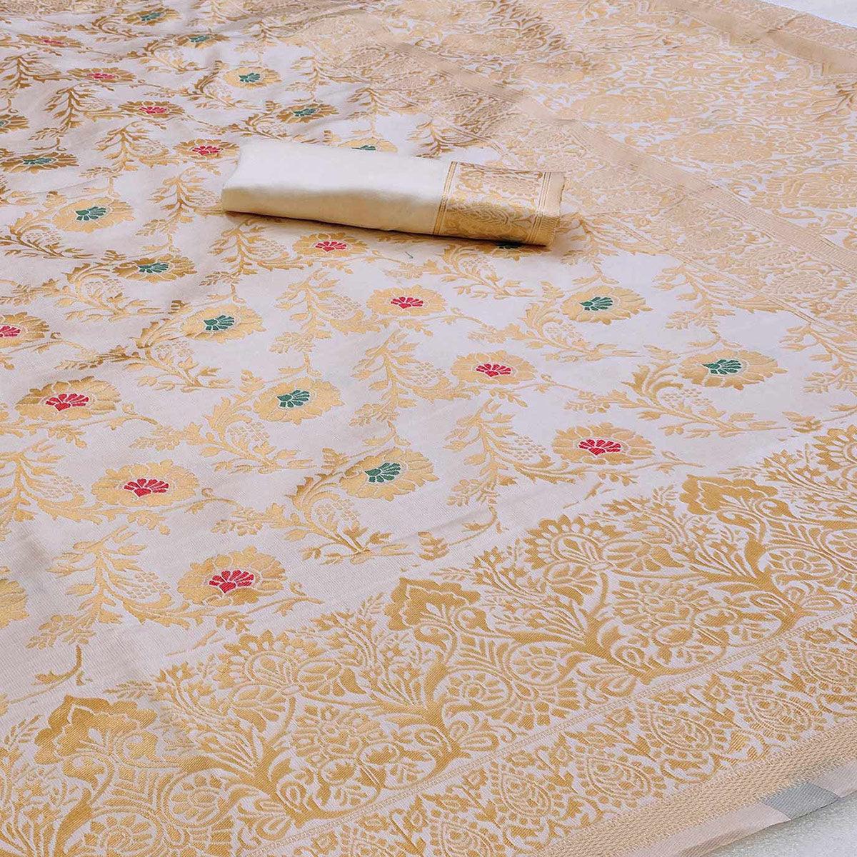 Cream Woven Banarasi Silk Saree
