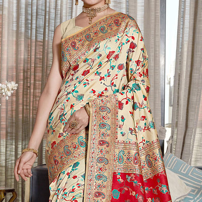 Cream Woven Banarasi Silk Saree