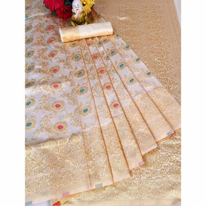 Cream Woven Banarasi Silk Saree