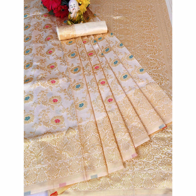 Cream Woven Banarasi Silk Saree