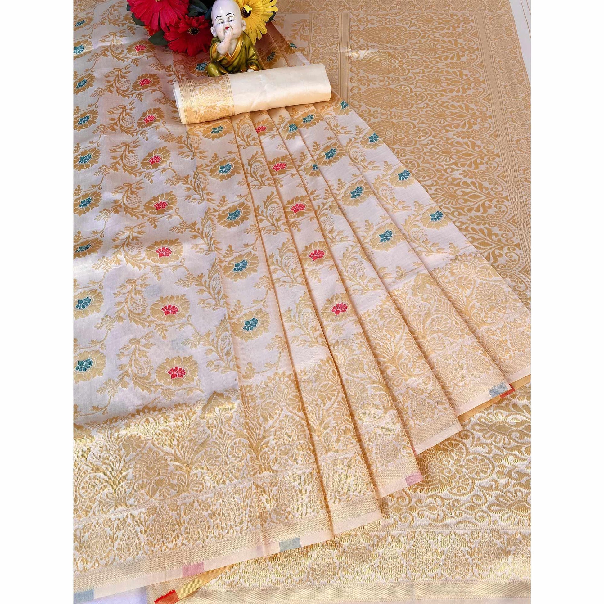 Cream Woven Banarasi Silk Saree