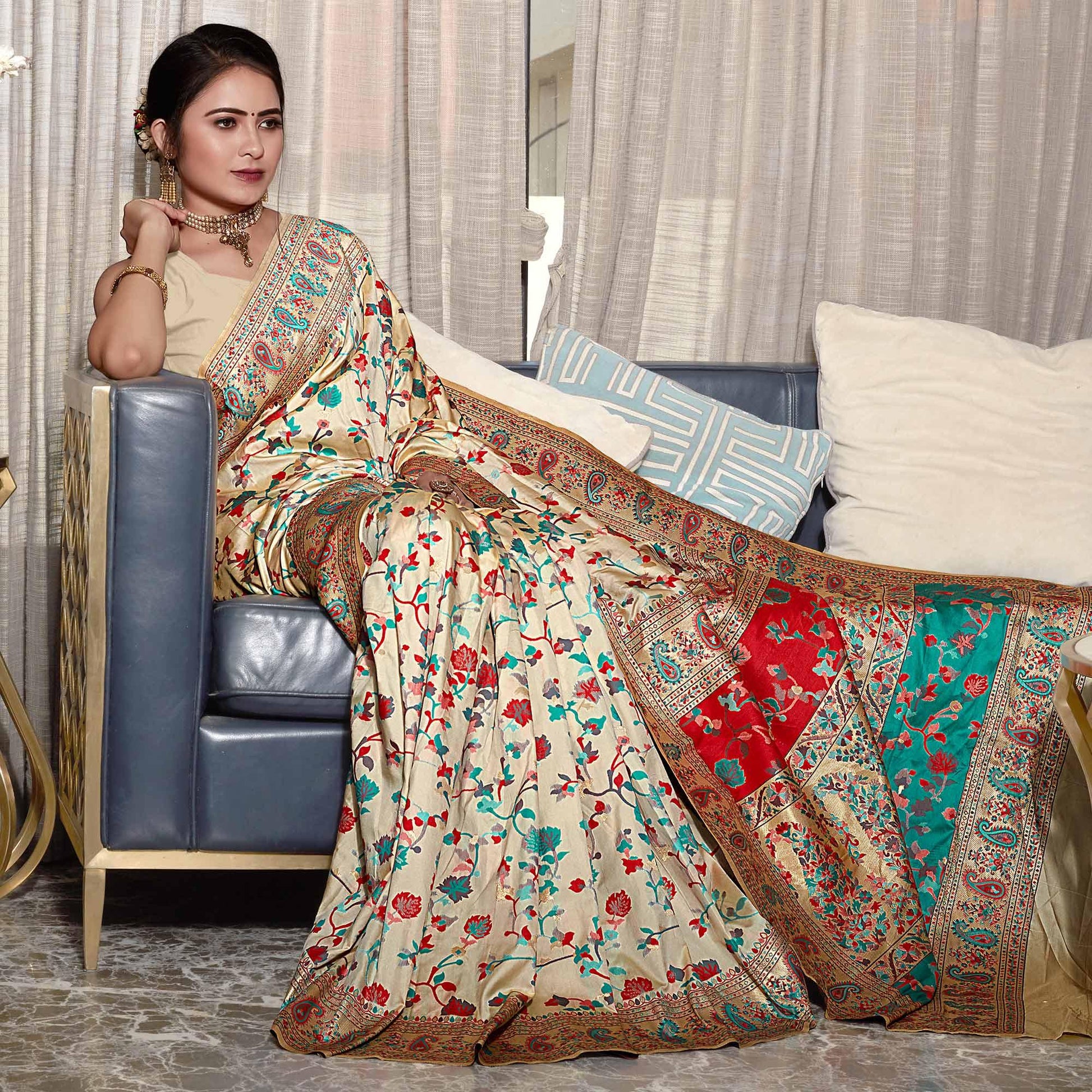 Cream Woven Banarasi Silk Saree