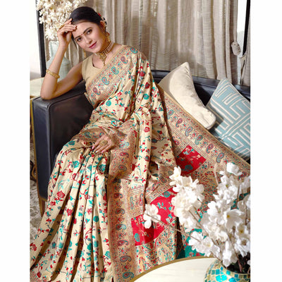 Cream Woven Banarasi Silk Saree
