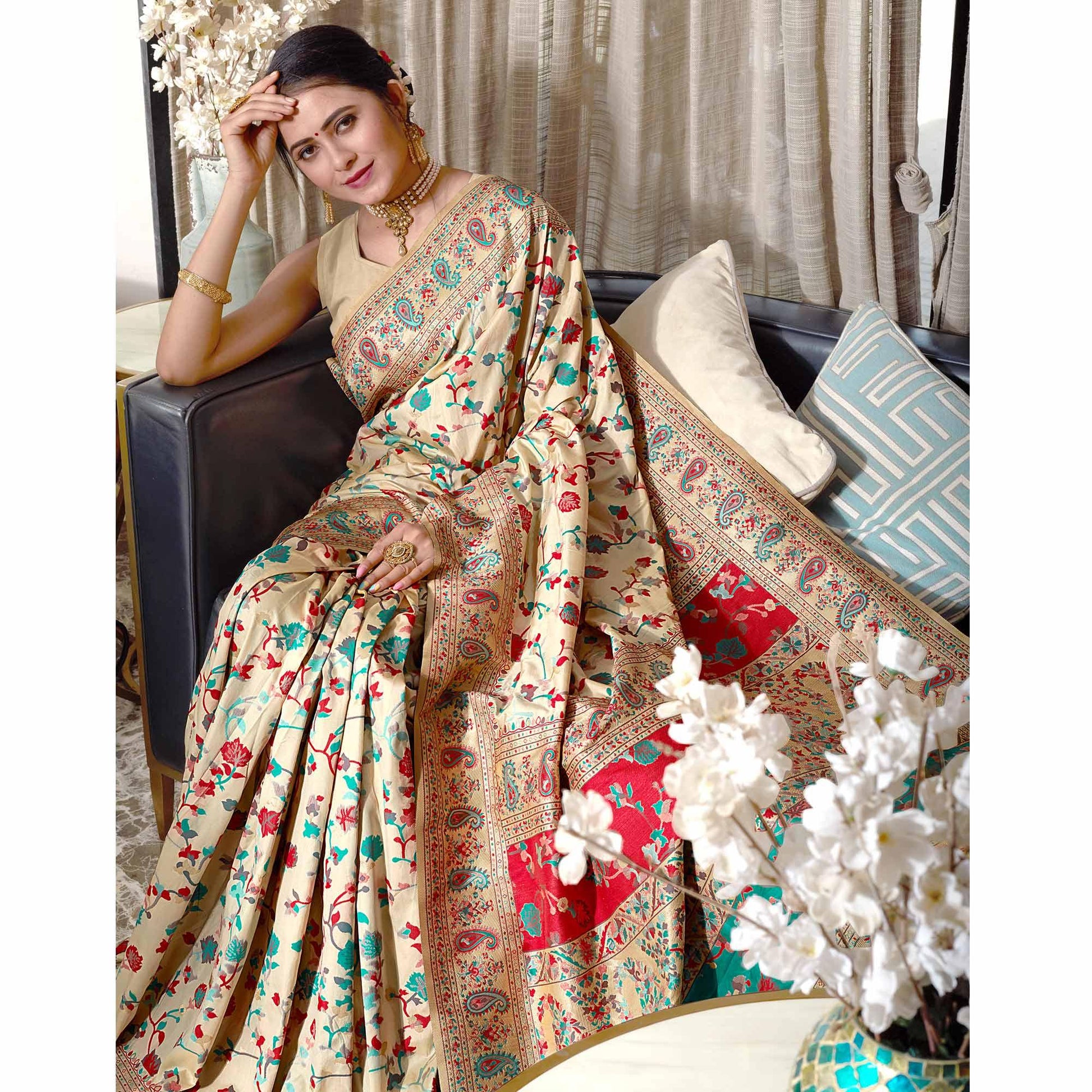 Cream Woven Banarasi Silk Saree