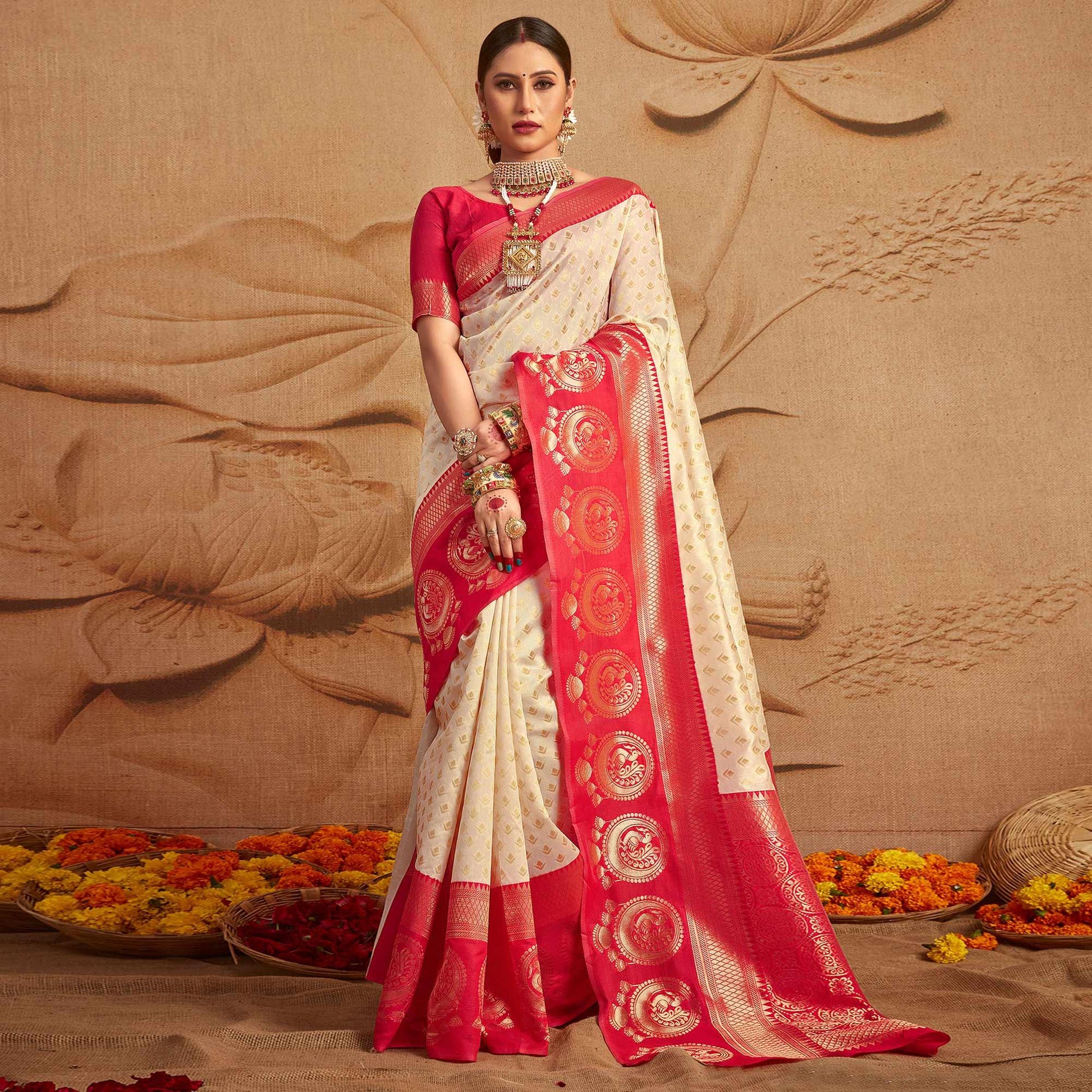 Cream Woven Cotton Silk Saree