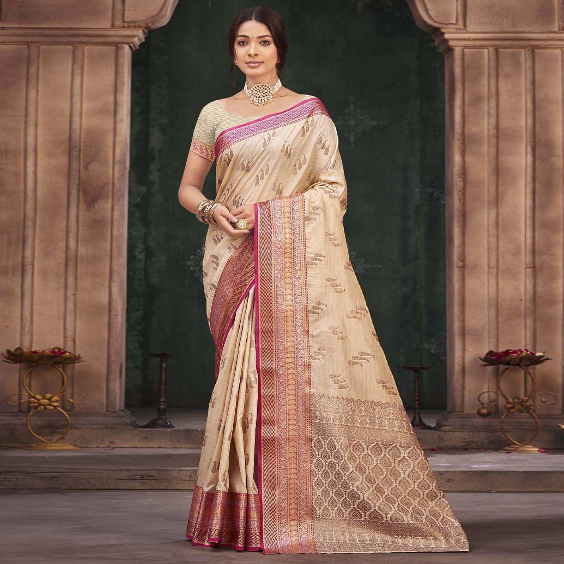 Cream Woven Cotton Silk Saree