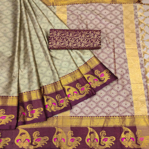Cream Woven Cotton Silk Saree With Tassels