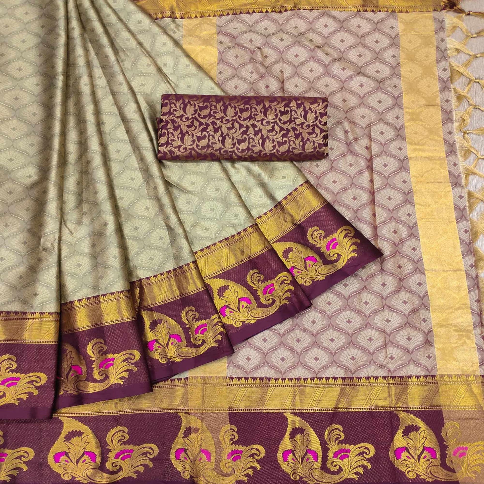 Cream Woven Cotton Silk Saree With Tassels