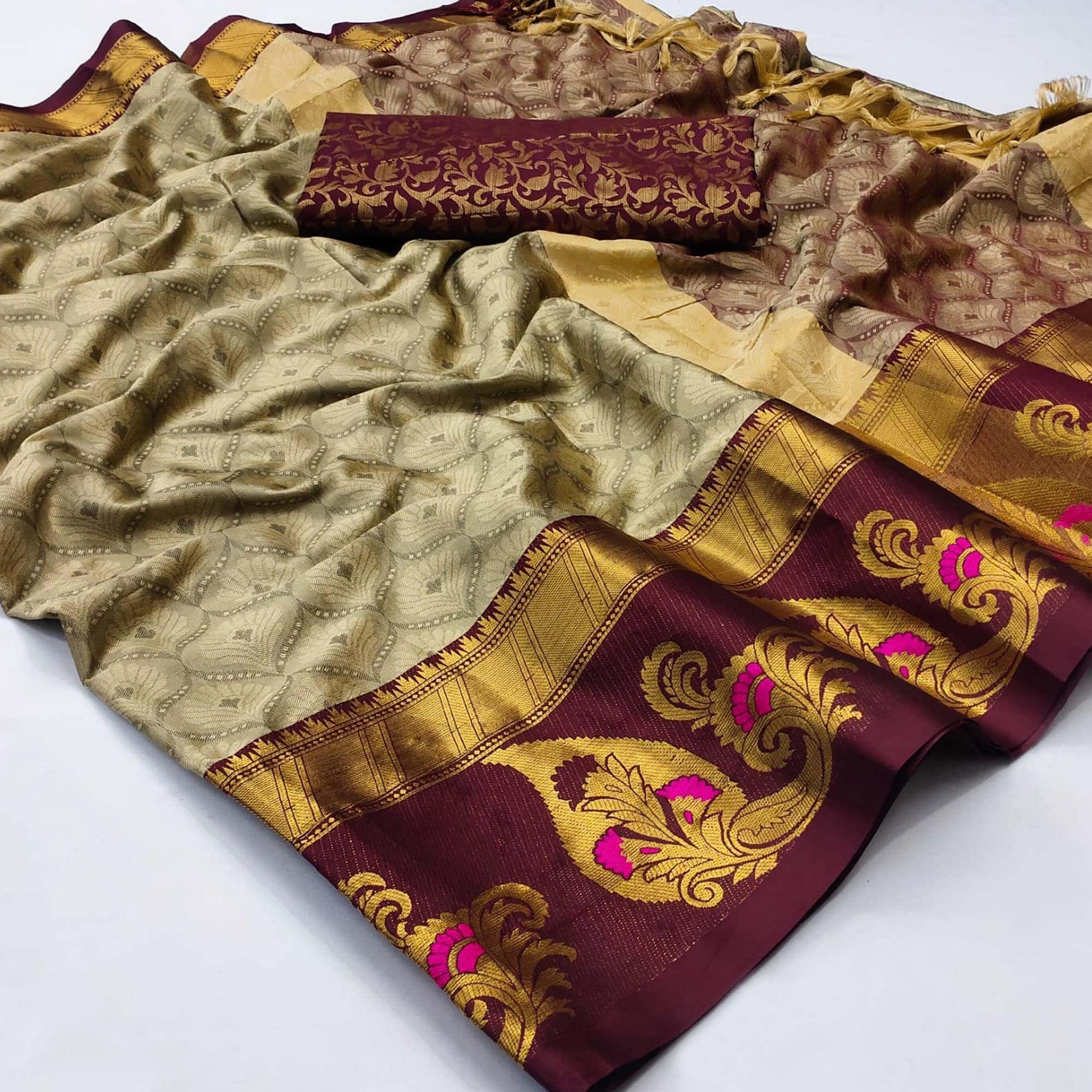 Cream Woven Cotton Silk Saree With Tassels