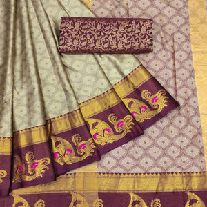 Cream Woven Cotton Silk Saree With Tassels