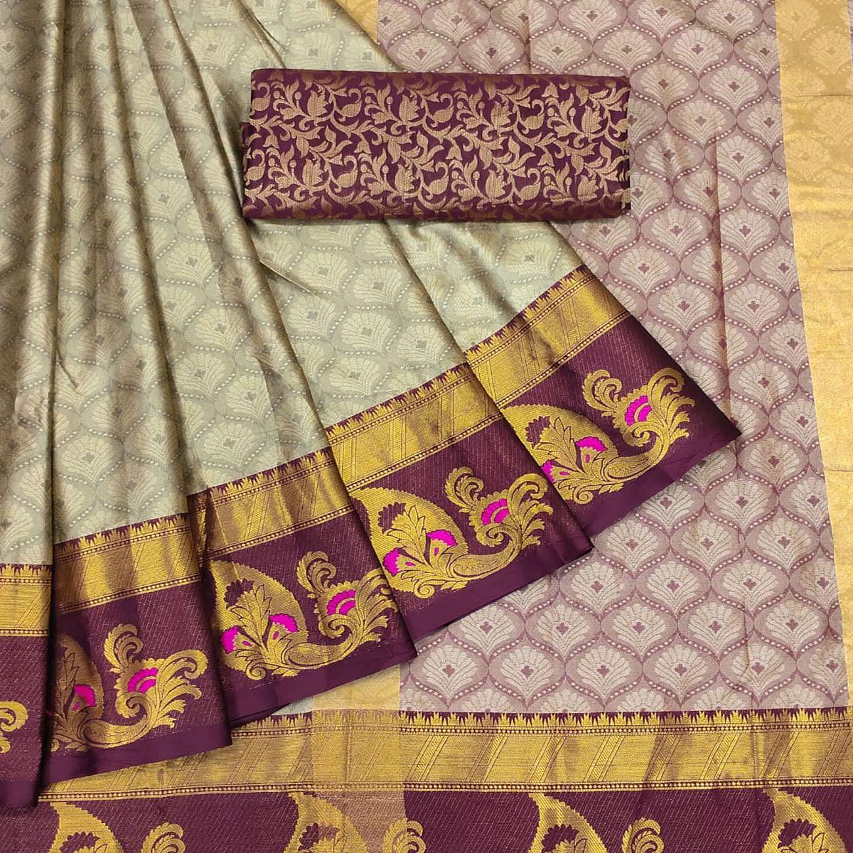 Cream Woven Cotton Silk Saree With Tassels