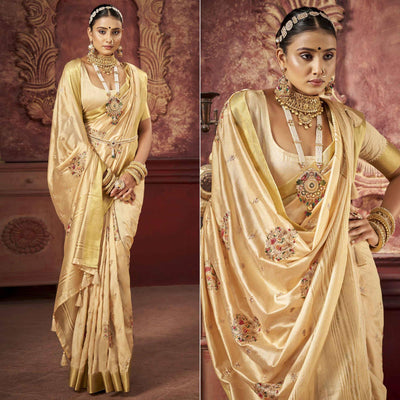 Cream Woven-Embroidered Raw Silk Saree With Tassels