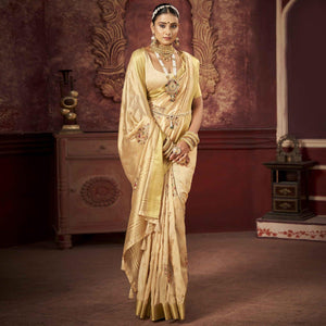 Cream Woven-Embroidered Raw Silk Saree With Tassels