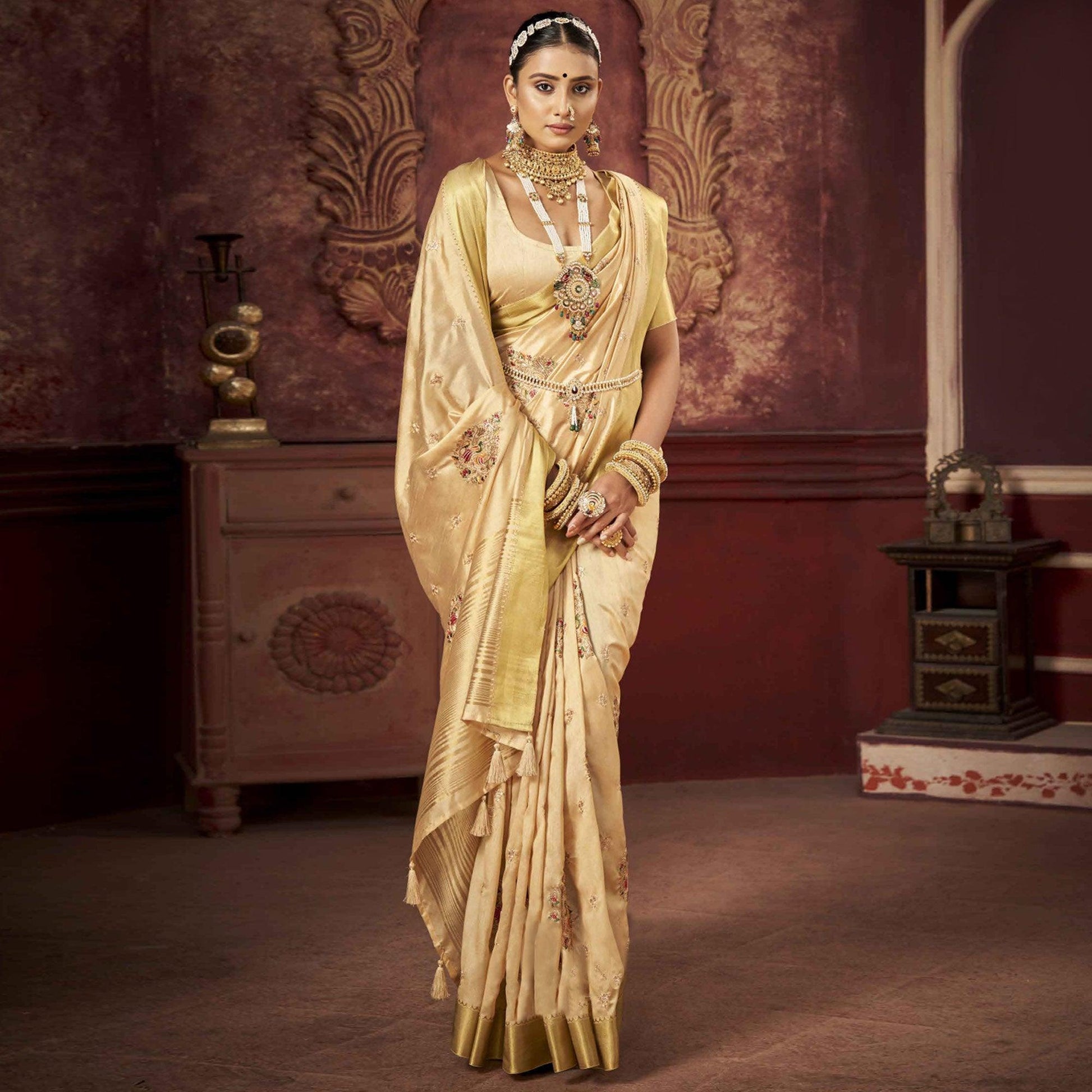 Cream Woven-Embroidered Raw Silk Saree With Tassels