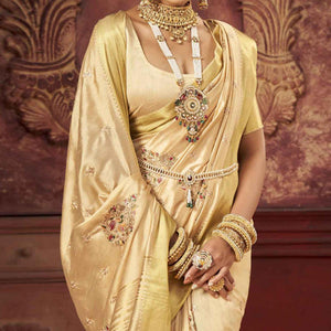 Cream Woven-Embroidered Raw Silk Saree With Tassels
