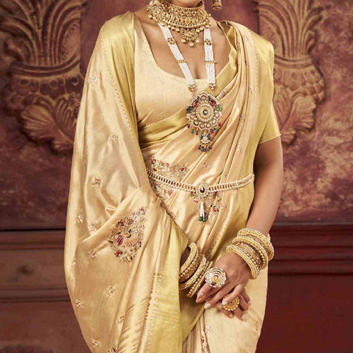 Cream Woven-Embroidered Raw Silk Saree With Tassels
