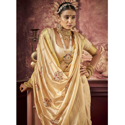 Cream Woven-Embroidered Raw Silk Saree With Tassels