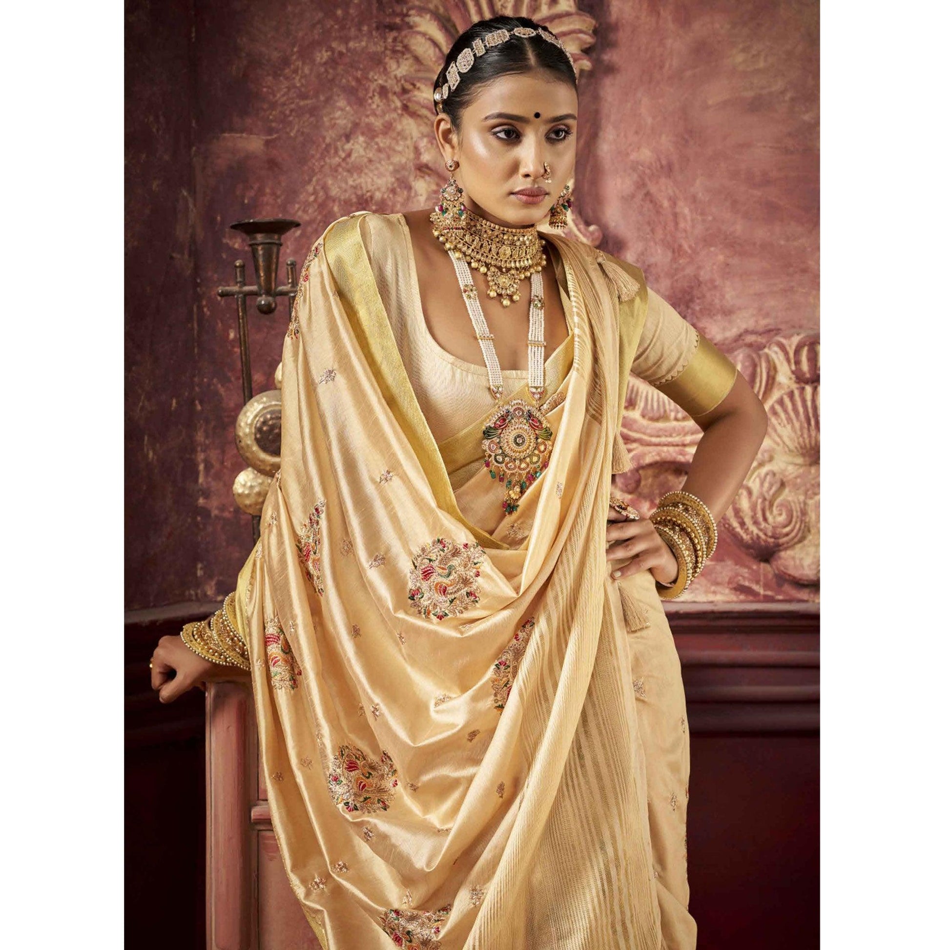 Cream Woven-Embroidered Raw Silk Saree With Tassels