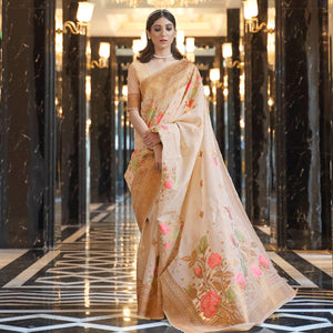 Cream Woven Linen Saree