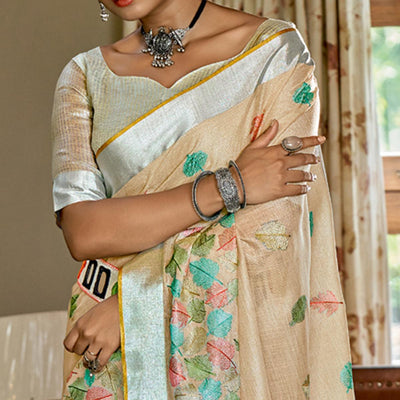 Cream Woven Linen Saree
