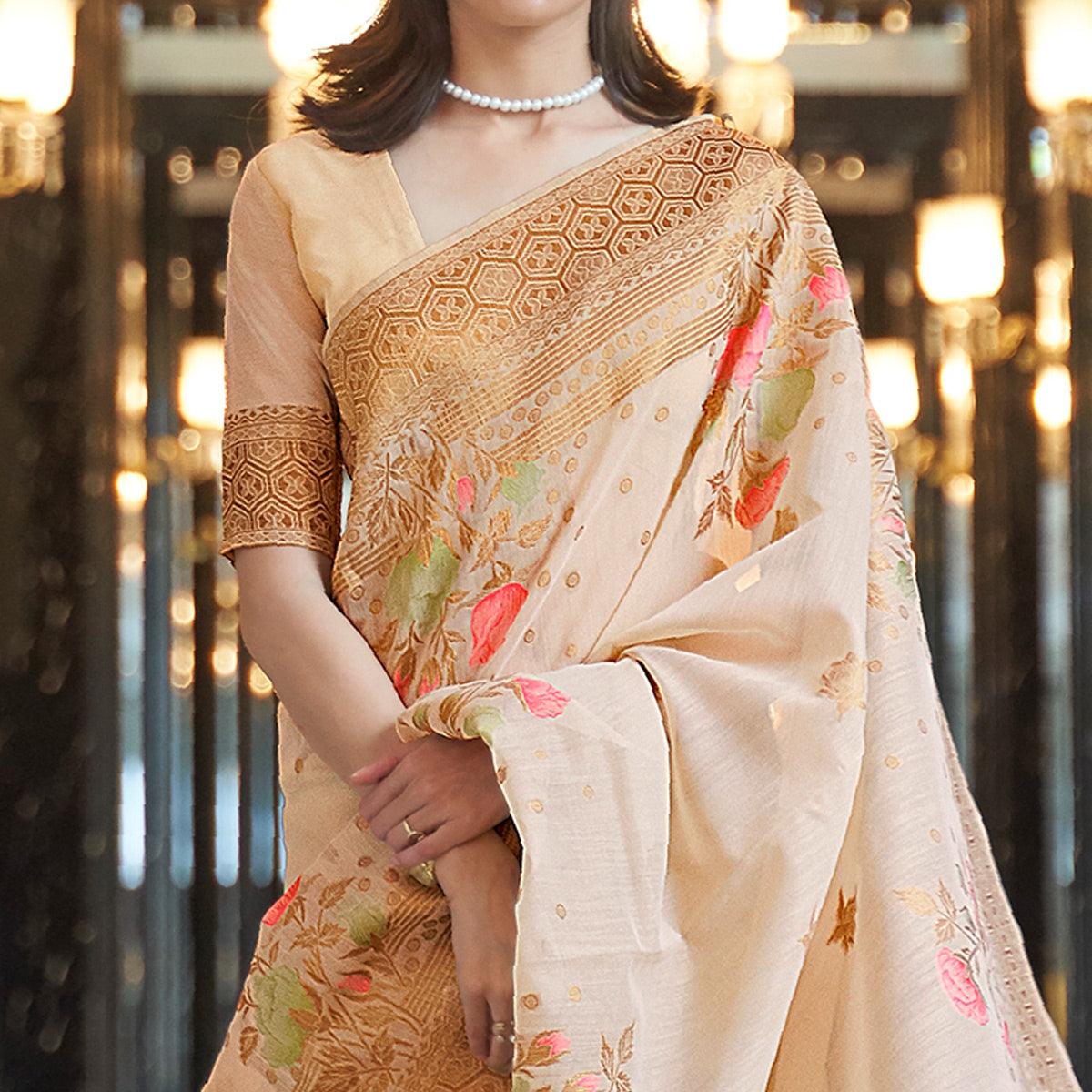 Cream Woven Linen Saree